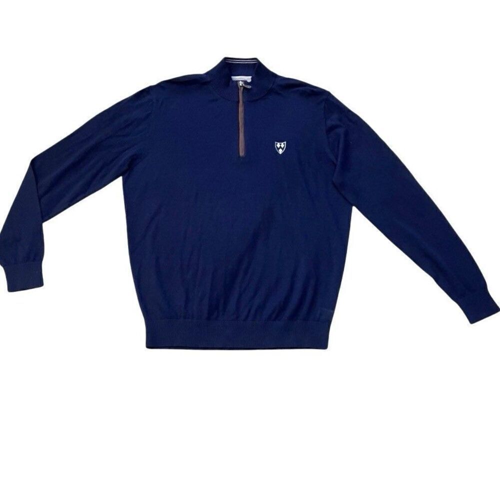Johnnie O Sweater Mens Medium Blue Merino Wool Blend Quarter Zip Pullover Logo